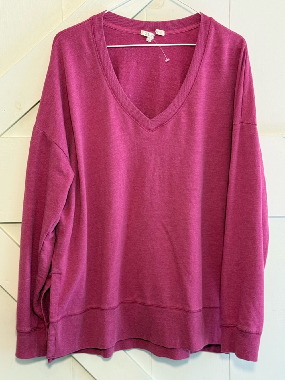 Z Supply Large Berry Pink V-Neck Weekender Sweatshirt Relaxed Pullover
